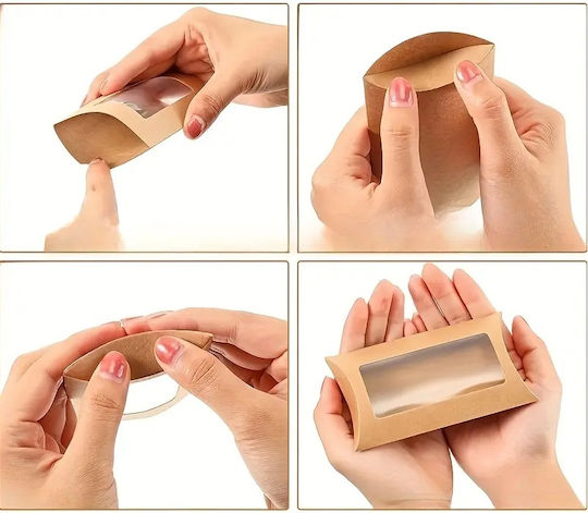 Kraft Pillow Window Paper Box for Gift Brown 12.5x2x7.4cm. 5pcs