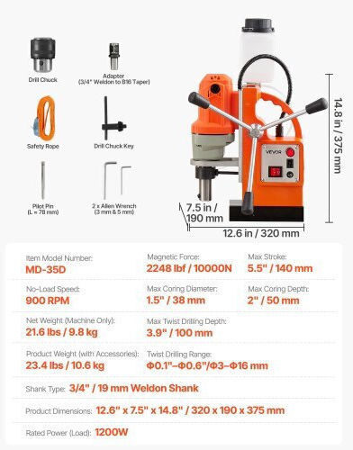 Vevor Μαγνητικό Δράπανο CLZJPCSDJ38MVZAUF001V2 με Ισχύ 1.2kW