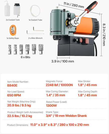 Vevor Magnetic Drill Press WSCLZ35MMTZC68DEN001V2 with Power 1.3kW