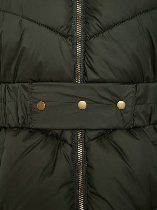 Women's Long Puffer Jacket for Winter with Hood Dark Green
