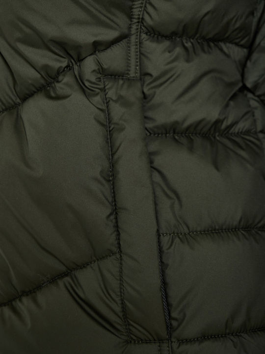 Women's Long Puffer Jacket for Winter with Hood Dark Green