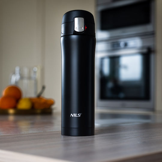Nils Glass Thermos Stainless Steel 430ml Black with Straw and Handle