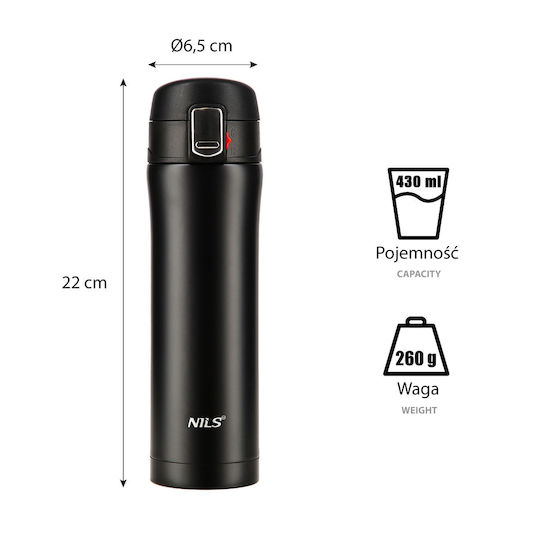 Nils Glass Thermos Stainless Steel 430ml Black with Straw and Handle