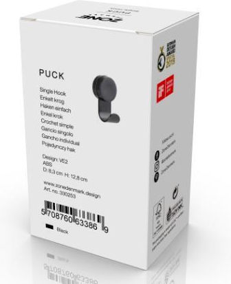 Zone Denmark Bathroom Hook Suction Cup 5.8x14 Puck Hook Single Black