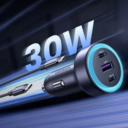 Ugreen EC307 Car Charger 30W 3A with Ports: 1xUSB 2xType-C