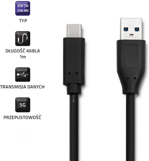 Qoltec USB 3.1 Cable USB-C male - USB-A Μαύρο 1m 50500