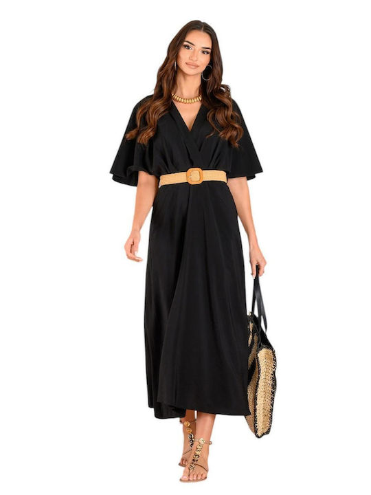 Summer Midi Dress Short Sleeve Wrap Black
