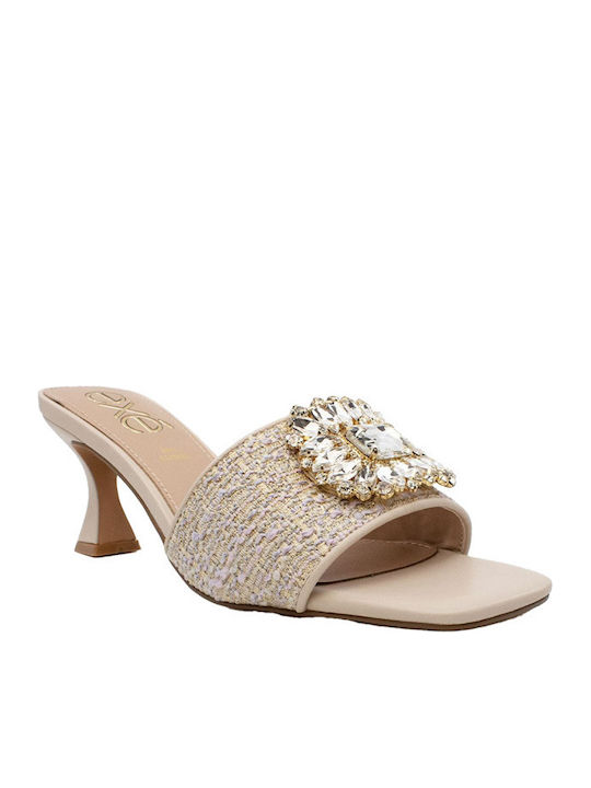 Mules with Thin High Heel in Beige Color
