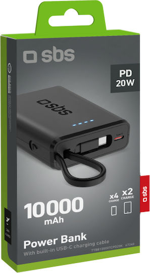 SBS Power Bank 10000mAh 20W με Θύρα USB-A και 2 Θύρες USB-C Power Delivery Μαύρο