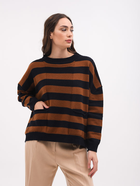 Women's Long Sleeve Sweater Woolen Striped Black/Brown