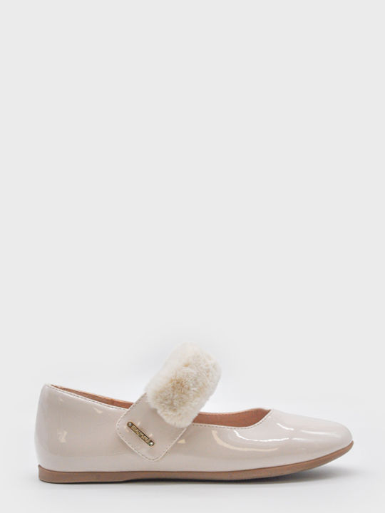 Kids Patent Leather Ballerinas with Hoop & Loop Closure Beige