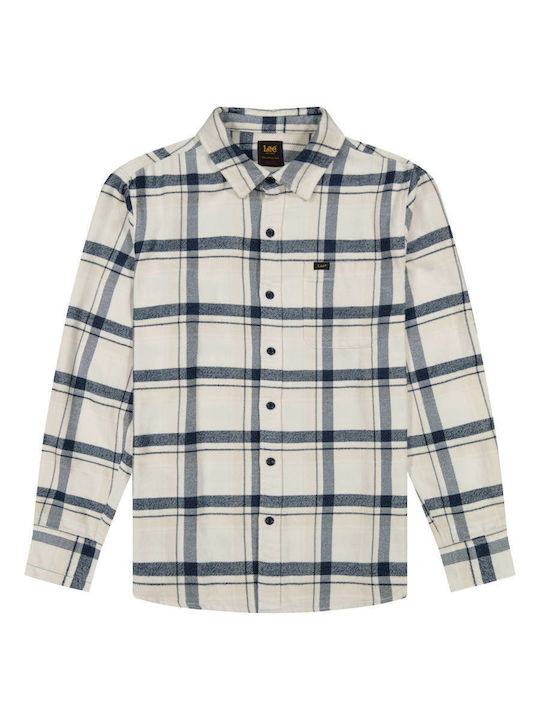 Long Sleeve Cotton Shirt in Regular Fit Checked Ecru