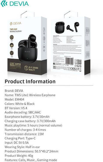 Devia EM404 Lite1 Earbud Bluetooth Handsfree Earphones with Charging Case Black