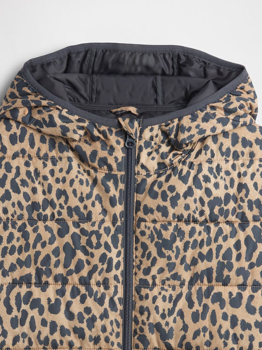Waterproof Kids' Quilted Jacket Long with Hood Leopard