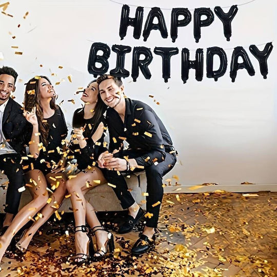 Set 25 Baloane Metalice Folie Latex Flippy 2 Figuri Stea 4 Baloane Confetti 13 Litere 6 Latex Design Happy Birthday Tematică Aniversări 40 Cm Ambalaj Individual Inclus Pai Umflare Aer Heliu Negru