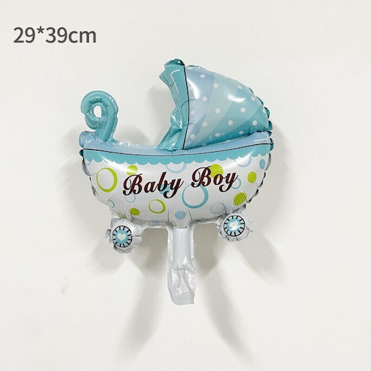Baloane Metalizate Folie Flippy Mini Figurină Cărucior Bebeluş Tematică Revelarea Genului 39x29 Cm Ambalaj Individual Pai Inclus Umflare Aer Heliu Albastru