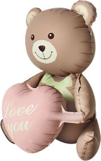 Baloane Metalizate Folie Flippy Figură Animată Urs Inimă Design 105.5 X 66.5 Cm Ambalaj Individual Pai Inclus Umflabil Aer Heliu Maro
