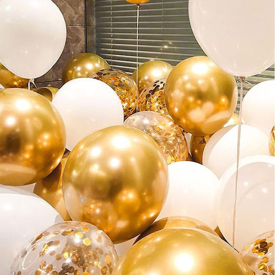 Set 16 Baloane Latex Flippy Party Model 30 Cm Alb Auriu Transparent Confetti 2.8 G