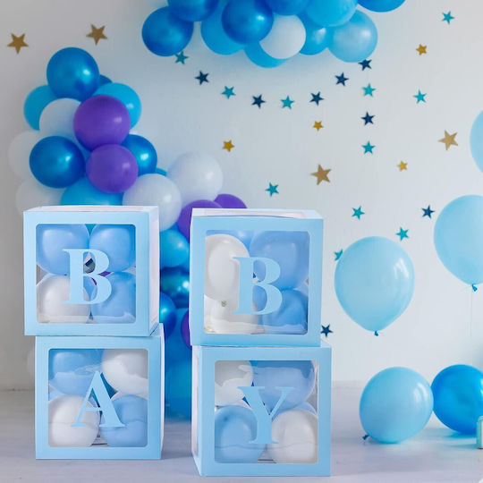 Set 4 Cutii Baloane Flippy Baby Script Design Tematică Dragoste Cuburi Decorative Din Plastic Accesorii Petrecere 30 X 30 Cm Transparent Contur Albastru
