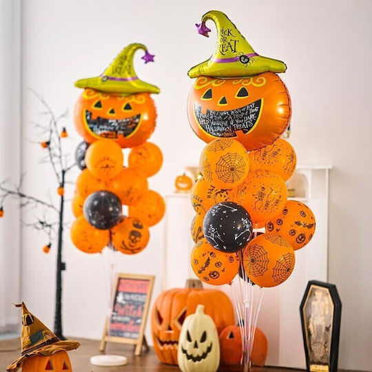 Set 5 Baloane Metalice Folie Figuri Flippy Tematică Halloween Include Pai Ambalaj Individual Umflare Aer Heliu Figurina Dovleac 54x87 Cm Stele Cercuri 45 Cm Multicolor