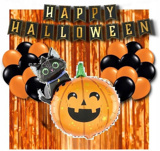 Set 5 Baloane Metalice Folie Figuri Flippy Tematică Halloween Include Pai Ambalaj Individual Umflare Aer Heliu Figurina Dovleac Pisică 84x69 Cm Stele Cercuri 45 Cm Multicolor