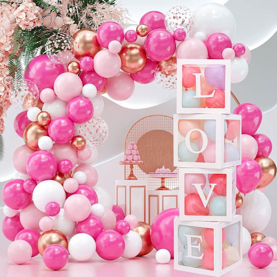 Set 4 Cutii Baloane Flippy Love Script Design Tematică Dragoste Cuburi Decorative Din Plastic Accesorii Petrecere 30 X 30 Cm Contur Alb Transparent