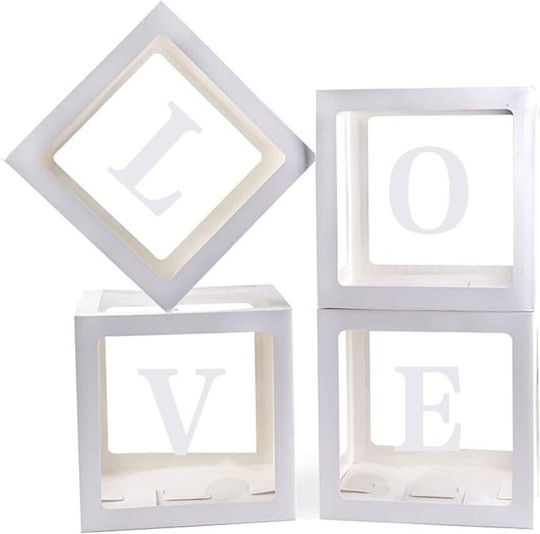 Set 4 Cutii Baloane Flippy Love Script Design Tematică Dragoste Cuburi Decorative Din Plastic Accesorii Petrecere 30 X 30 Cm Contur Alb Transparent
