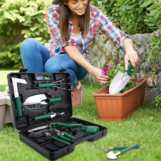 Set 10 Unelte de Grădină Flippy Pentru Plantare Prelucrare Sol Îngrijire Plante Mânere Verzi Material PVC Oțel Inoxidabil Cutie Inclusă 37x28x7 Cm Negre