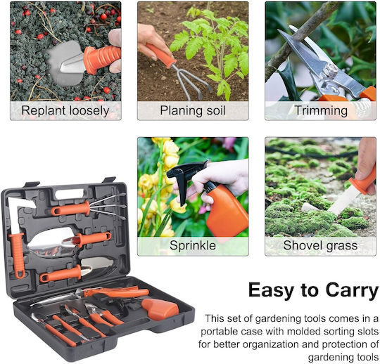 Set 10 Unelte de Grădină Flippy Pentru Plantare Prelucrare Sol Îngrijire Plante Mânere Portocalii Material Pvc Oțel Inoxidabil Cutie Inclusă 37x28x7 Cm Negre