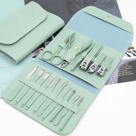 Set Cosmetic De Îngrijire 16 Piese Flippy Manichiură Pedichiură Față Include Geantă Organizator Din Piele Eco Verde