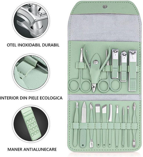 Set Cosmetic De Îngrijire 16 Piese Flippy Manichiură Pedichiură Față Include Geantă Organizator Din Piele Eco Verde
