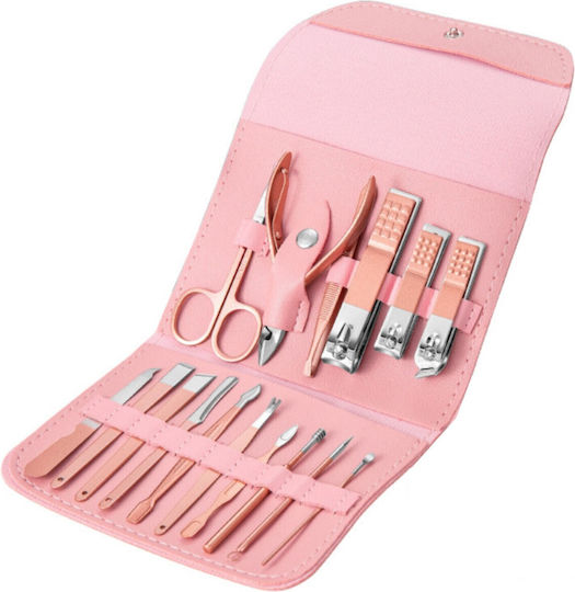 Set de Îngrijire Cosmetică 16 Piese Manichiură Pedichiură Flippy Față Include Geantă Organizatoare Din Piele Eco Roz