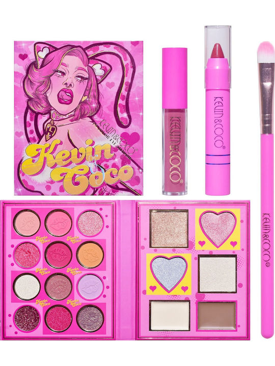 Set 4 Produse de Machiaj Kevin Coco Roz Loving-heart Leopard Girl 18 Culori 20.5 X 18.2 X 2.2 Cm