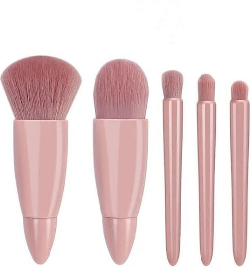 Set 5 Mini Pensule Machiaj Flippy Portabile Într-o Cutie Oglindă Realizate Din Păr Sintetic Moale Roz Pastel 12x7x2.5 Cm
