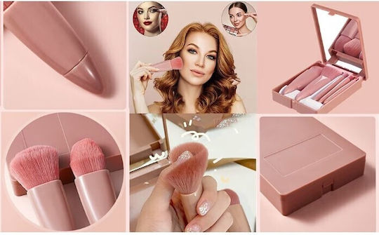 Set 5 Mini Pensule Machiaj Flippy Portabile Într-o Cutie Oglindă Realizate Din Păr Sintetic Moale Roz Pastel 12x7x2.5 Cm