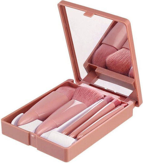Set 5 Mini Pensule Machiaj Flippy Portabile Într-o Cutie Oglindă Realizate Din Păr Sintetic Moale Roz Pastel 12x7x2.5 Cm