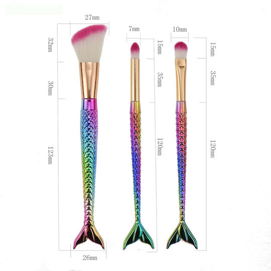 Flippy Set De 3 Pensule Pentru Machiaj În Formă De Sirenă Detalii Fine Electroplacate Mâner Ergonomic Perii Moi Din Fibre Multicolore