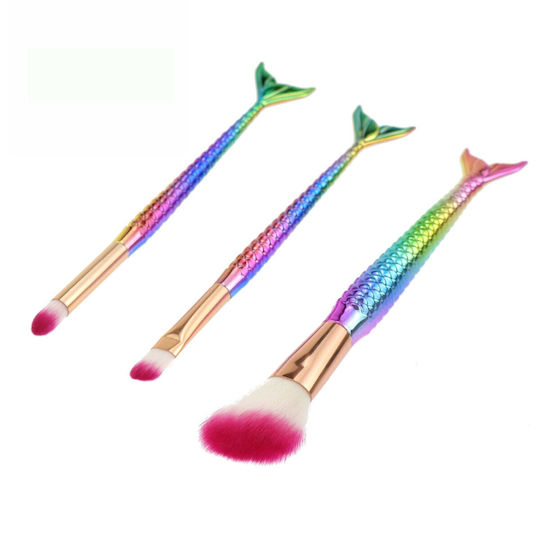 Flippy Set De 3 Pensule Pentru Machiaj În Formă De Sirenă Detalii Fine Electroplacate Mâner Ergonomic Perii Moi Din Fibre Multicolore