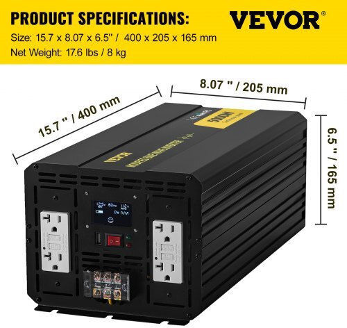 Vevor Car Inverter Modified Sinewave 5000W to Converter 12V DC in 110V AC with 1xUSB