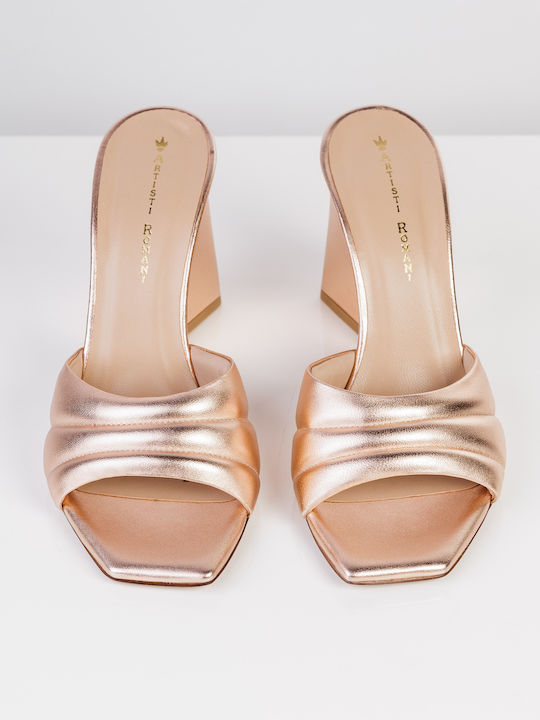 Leather Mules with Heel in Gold Color