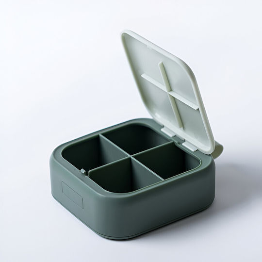 Cutie Mini Pentru Depozitarea Medicamentelor Flippy 4 Compartimente Închidere Etanșă Portabilă Pătrată Verde Pp 7.5x7.5x3 Cm