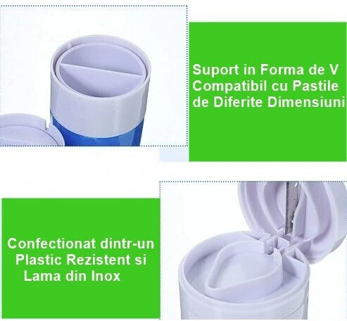 Cutie Multifuncțională Pentru Pastile Flippy 4 În 1 Pahar Pentru Apă Tăiere Zdrobire Depozitare Compactă Abs Lamă Din Oțel Inoxidabil Alb Albastru 8.7x6.2x4.1 Cm