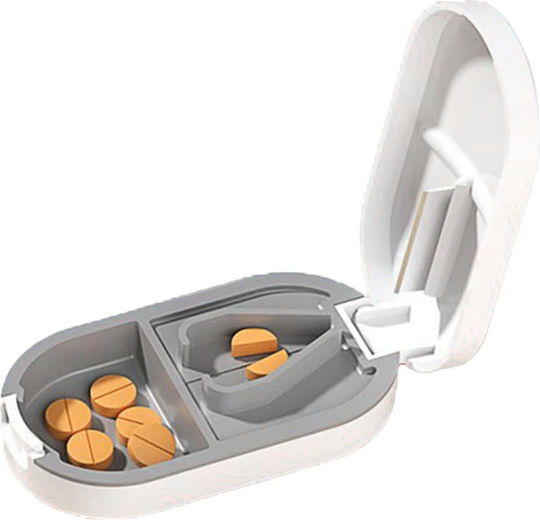 Organizator Medicamente Flippy Dispozitiv De Tăiere Și Zdrobire Pastile Ideal Pentru Călătorii Portabil Perie Curățare Compartiment Depozitare 8.5x4.5x2.5 Cm Alb
