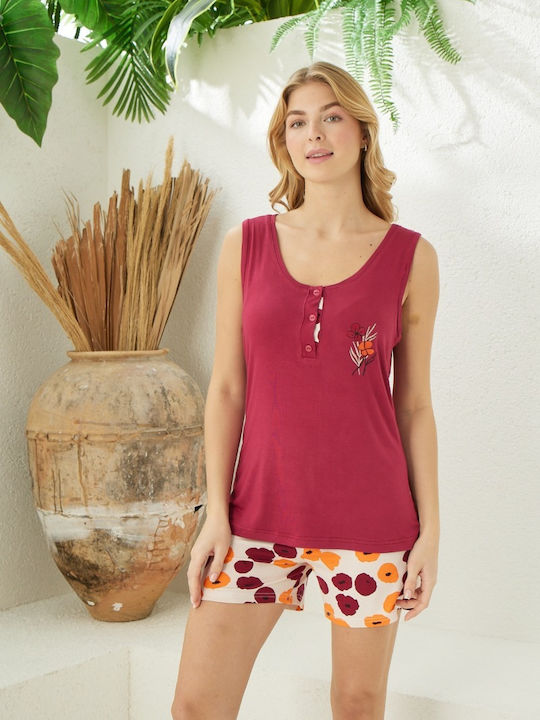 Modalove Sommer Damen Pyjama-Set Burgundy
