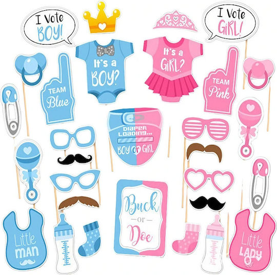 Set 30 Accesorii Pentru Petreceri Flippy Colț Foto Props Temă Baby Shower Dezvăluire Gen Albastru-Roz