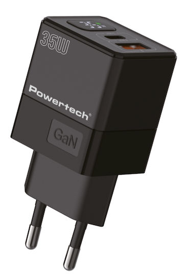 Powertech Φορτιστής Χωρίς Καλώδιο GaN με Θύρα USB-A και Θύρα USB-C 35W Power Delivery Μαύρος (PT-1499)