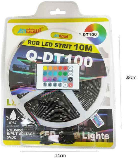Andowl Αδιάβροχη Ταινία LED USB 5V RGB Φως 10m με Τροφοδοτικό & Τηλεχειριστήριο