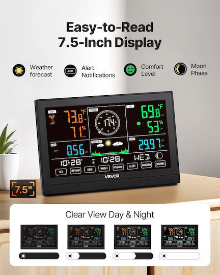 Vevor 5-in-1 Wireless Weather Station Indoor Outdoor Sensor 7.5 In Display