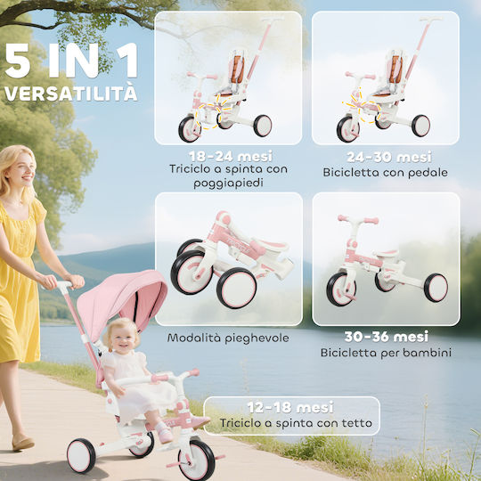 Aiyaplay Foldable & Convertible 5 in 1 Tricycle Bike for 1-3 Years Pink