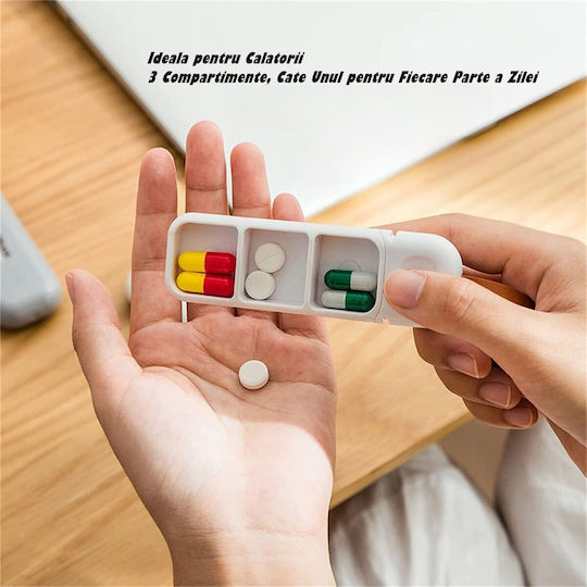 Cutie de Depozitare Medicamente Flippy Portabilă cu 3 Compartimente Tip Breloc din Plastic Glisantă Albă 10.7x3.6x1.6 Cm